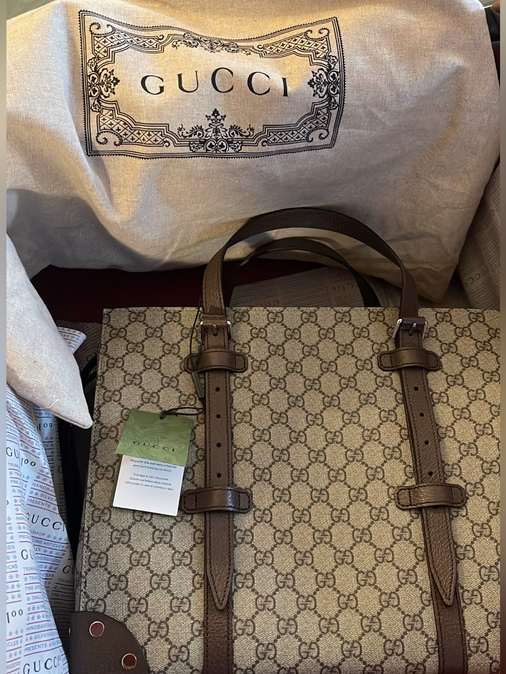 Gucci GG Supreme Bag Canvas Tote with Brown Leather Straps - Picture 5 of 8